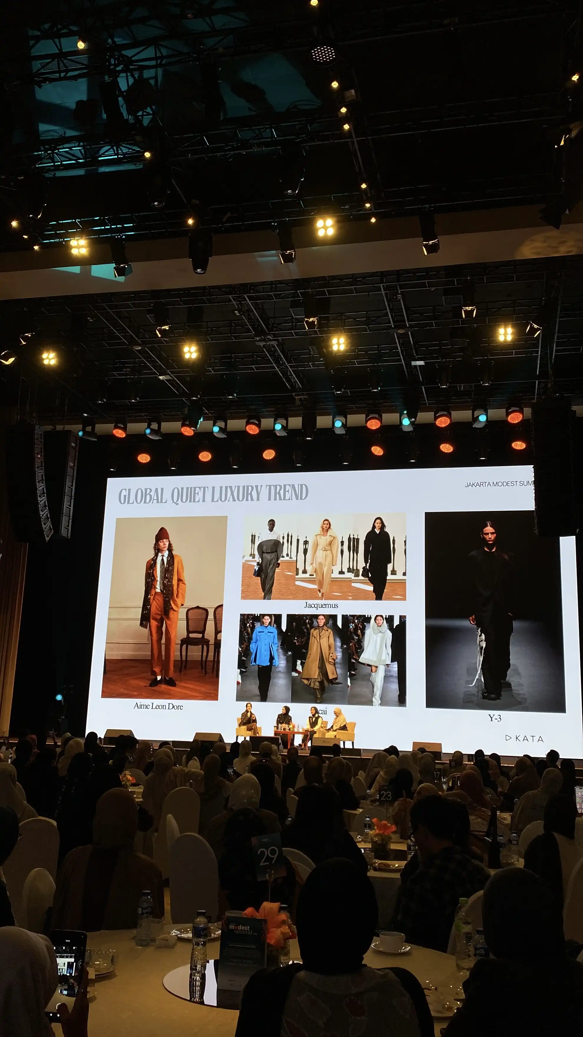 Jakarta Modest Summit 2026 stage screen showing a "Global Quiet Luxury Trend" panel slide